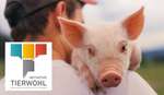 Mit der Initiative Tierwohl setzen wir uns für eine tiergerechtere Fleischerzeugung ein Bauer mit Ferkel und Logo der Initiative Tierwohl