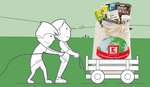 Wir übernehmen Verantwortung Illustration: Zwei Männer ziehen einen Wagen mit Kaufland-Produkten
